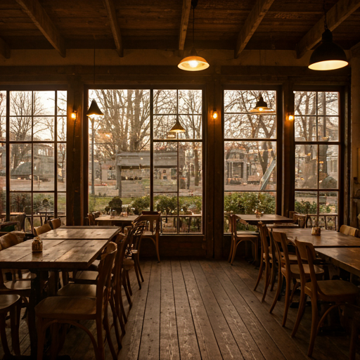 Interior of a rustic cafe with warm lighting and timber tables