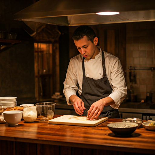 Chef preparing food in a warm, rustic kitchen
